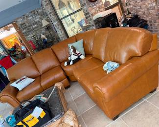 #43 - $600 - Three section leatherette brown sofa 91x91 x37Hx37D