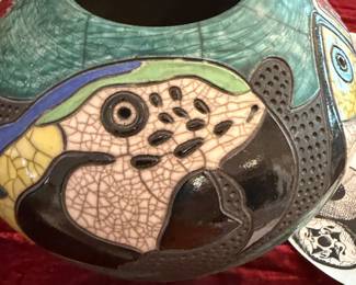 #17 - $150 - Raku pottery birds vase made & signed by Robin Duke Rodgers, FL artist.