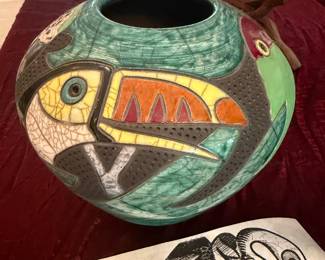 #17 - $150 - Raku pottery birds vase made & signed by Robin Duke Rodgers, FL artist.