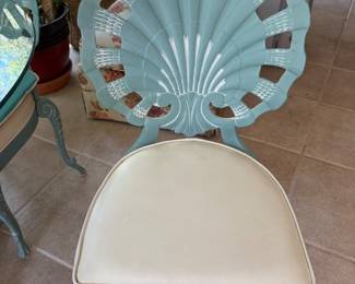 #42 - $400 - Glass top cast iron with 4 shell back chairs 49"Round Teal - Ocean blue