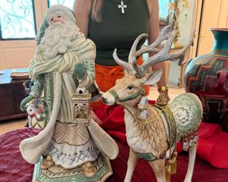 #21 - $80 - Fitz & Floyd pottery Santa Classics Green & white 21"T + Deer 19"T
