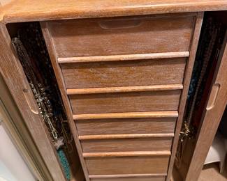 #83A - $80 - Tall tan jewelry case 7 drawers side necklace holders