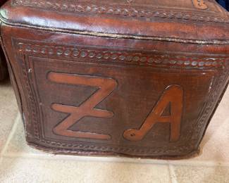 #32 - $400 - Vintage Western hand tooled leather-themed footstool or ottoman poof
