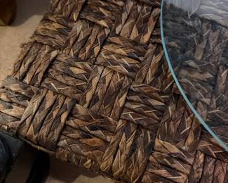#13 - $80 - Raffia & brown wood table - knob legs 27x24x26