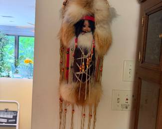 #15 - $90 - Decorative Native American style cradleboard doll fur trimmed hood beadwork