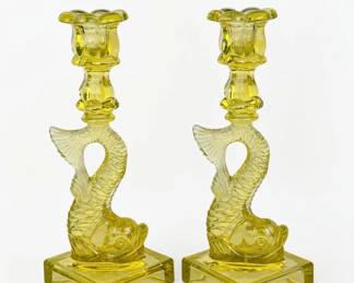 Pair of MMA "Dolphin" Uranium Glass Candlesticks (B)