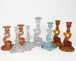 (8) "Dolphin" Glass Candlesticks