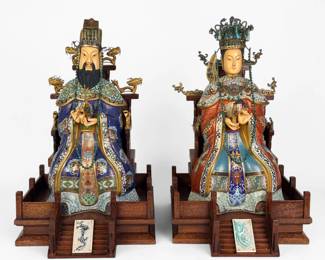 Pair of Chinese Cloisonne Bone Emperor & Empress Figures