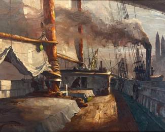 John Alexander Noble "East River" Oil on Canvas