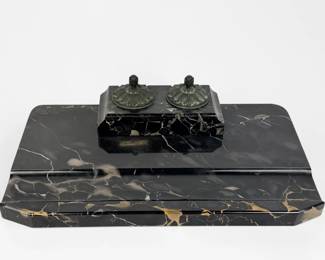 Antique Art Deco Marble Double Inkwell & Desk Set