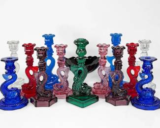 (13) "Dolphin" Glass Candlesticks & (1) Bowl
