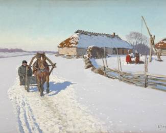 Andrei Afanasievich Egorov 'Winter Farmland' Gouache on Board