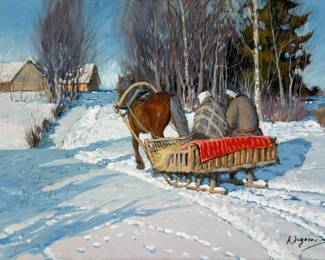 Andrei Afanasievich Egorov 'Sleigh Ride' Gouache on Paper