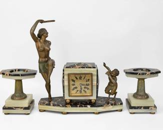 Antique French Art Deco Figural Clock & Candlesticks