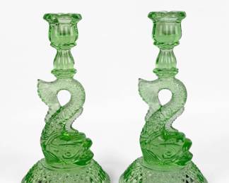 Pair of Cambridge Glass Co "Dolphin" Uranium Candlesticks (A)