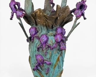 William Ravencroft Sharles Hand-Painted "Fallen Iris Bouquet Vase" Bronze 