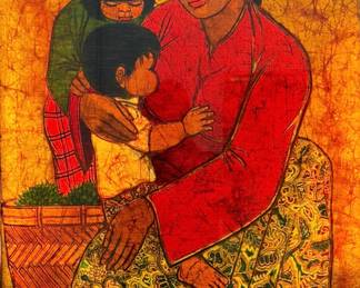 Chuah Thean Teng 'Mother and Children' Batik Dye on Cloth