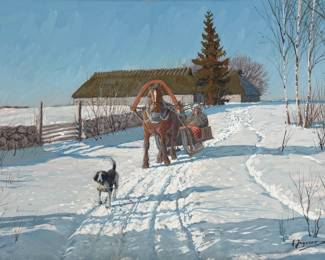 Andrei Afanasievich Egorov 'Horse Drawn Sleigh in Snow' Gouache on Paper