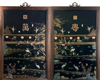 Pair of Large Chinese Black Lacquer and Hardstone Panels 