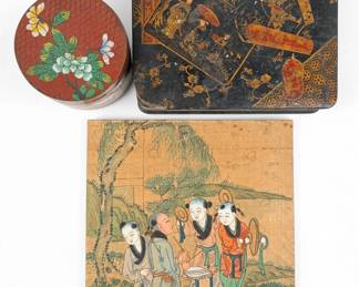(2) Chinese Boxes & Silk Painting 