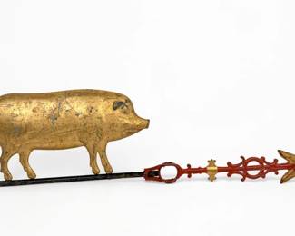 Antique Gold Painted Cast Iron Pig Weathervane