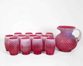 Pink Fenton Glass Pitcher Hobnail Set 