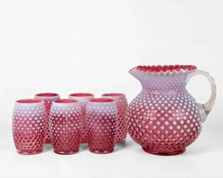 (7pc) Pink Fenton Pitcher and Glass Set