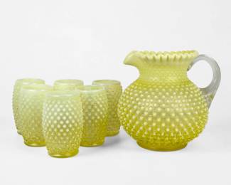 (7pcs) Uranium Glass Fenton Pitcher and Glass Set (B)