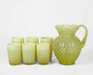 (7pc) Uranium Glass Fenton Pitcher and Glass Set (A)