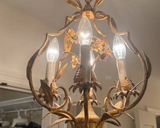 Vintage gold gilt metal and tole floral chandelier - will require assistance for removal