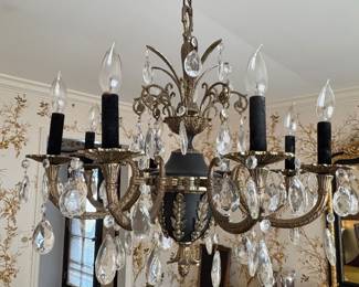 Vintage, French Empire style brass and black metal crystal chandelier - will require assistance for removal