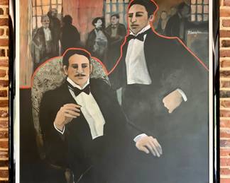 Signed Barbara Gallagher oil on canvas - This is apparently her only work depicting men. The subjects are her grandfather (seated), and his “companion” during the early 20th century.