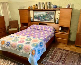 Danish modern teak queen floating bed with bookshelf headboard