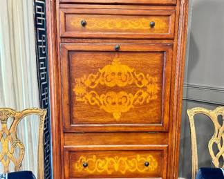 $650 - Four drawer secretary desk with inlay scroll design, 33L x 16W x 72H