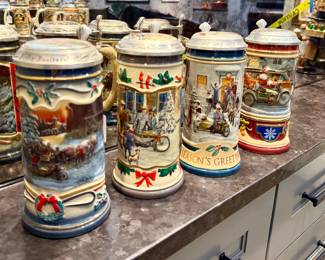 Large collection of beer steins ranging in price from $10 to $100.