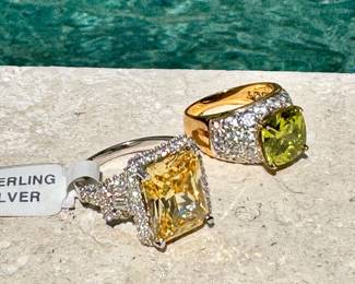 ($32 - yellow cocktail ring size 8) ($100 - Green gem stone ring marked 925 size 7)