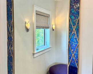 $800/each. 2 Avail. - Designer quality, Mosaic Iridescent art glass trimmed beveled mirror - 39.5L x 58H. Both in excellent condition!