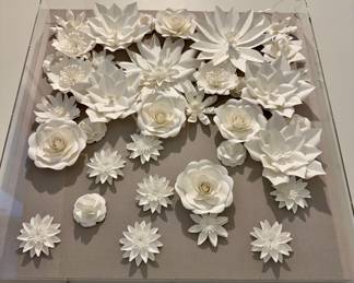 $38 - Paper flower art in acrylic frame (frame has crack on top right corner, as shown) 23.5L x 23.5H