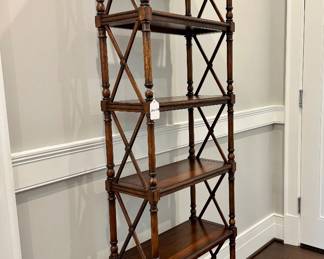 $600- Drexel Etagere Book Case, 22x10x75. Minor water rings noted on one shelf. Easily corrected with a stain pen.