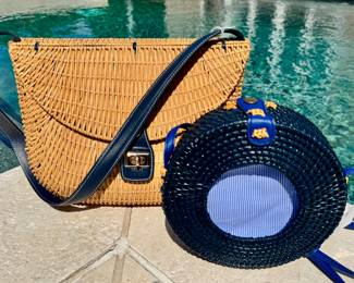 Left to right ($60 - Mark & Graham wicker saddle bag 13") ($60 - Penny Linn blue round wicker crossbody 8")
