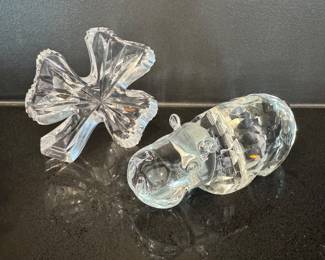 Left to right ($40 - Vintage Waterford 3-leaf clover paperweight, 4.25” wide) ($30 - Shannon crystal hippo figurine, 6” wide)