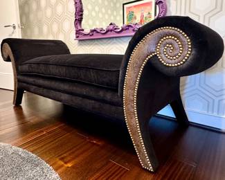 $950 - Hancock & Moore luxury bench in black velvet with rolled arms, plush cushion, leather accents and nailhead trim. Excellent condition! 80L x 27W x 29H