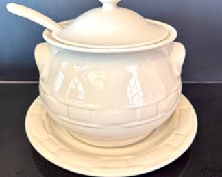 Close up view of the large tureen and ladel - 10” wide x 9” tall
