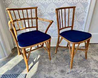 $300 - Pair of vintage rattan chairs, armchair 22x16x32, side chair 16x16x32
