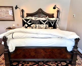 ($600 Ornate traditional style wood four poster king bed frame - 86x92x71) ($400 Beautyrest Recharge king mattress and box spring) **Bedding and pillows are not for sale**
