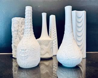 $300 - Vintage set of 6 AK Kaiser matte white bisque porcelain vases, 7-8” tall