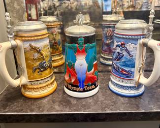 Large collection of beer steins ranging in price from $10 to $100.