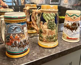 Large collection of beer steins ranging in price from $10 to $100.