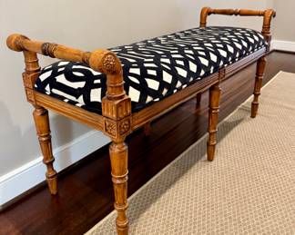 $550 - Custom upholstered wood carved bench in excellent condition - 47x16x23