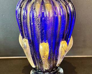 $160 - Blue and gold art glass vase - 12H